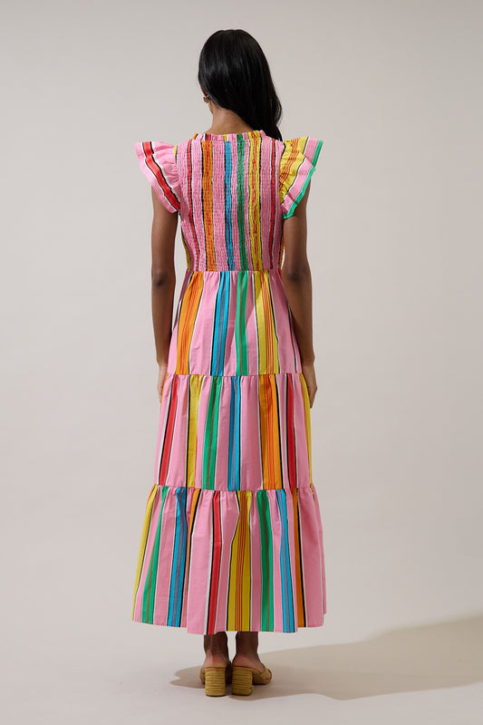The Tavi Midi Dress in Pink + Multi Stripe