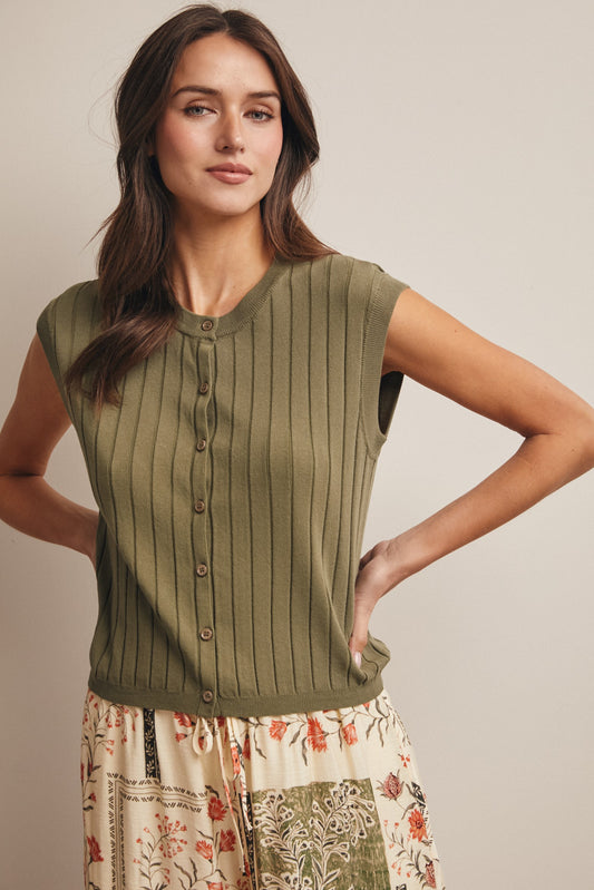 Ribbed button-front knit tank in eucalyptus. 