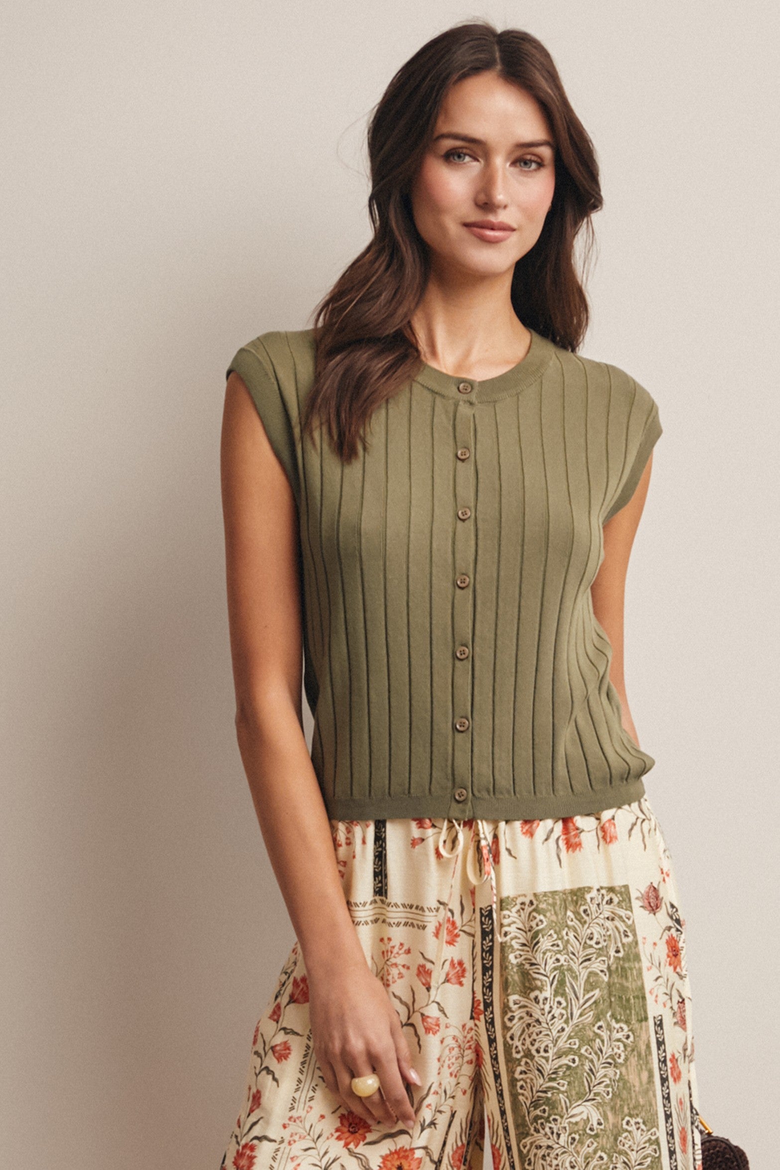Ribbed button-front knit tank in eucalyptus. 