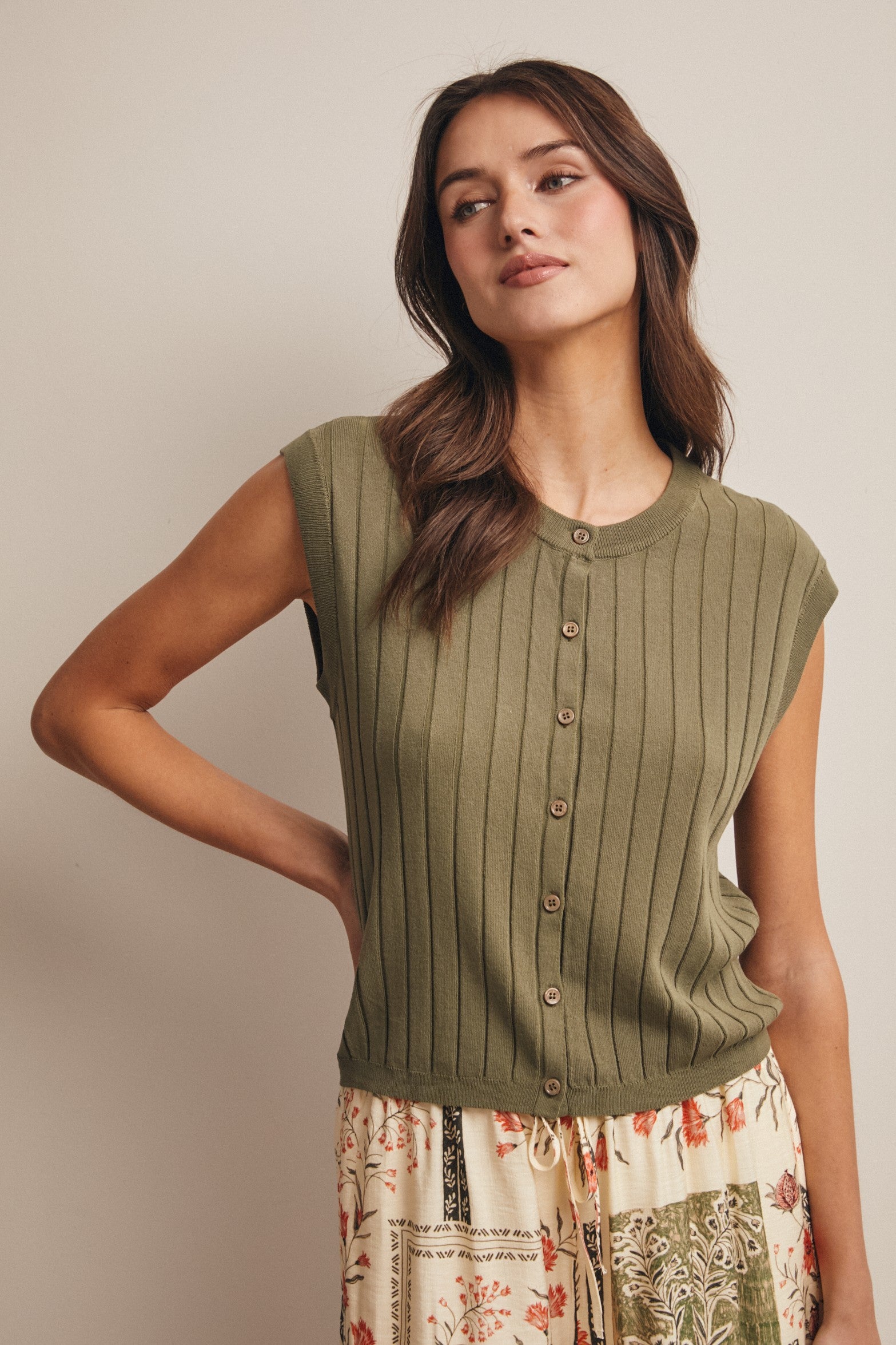 Ribbed button-front knit tank in eucalyptus. 