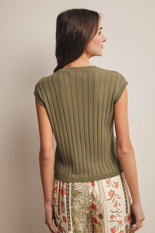 Ribbed button-front knit tank in eucalyptus. 
