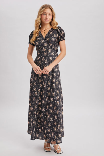 Black maxi dress with ditsy floral pattern. Surplice v-neckline
Short, puffed sleeves that are gathered at the cuffs. 
Flowing A-line skirt 