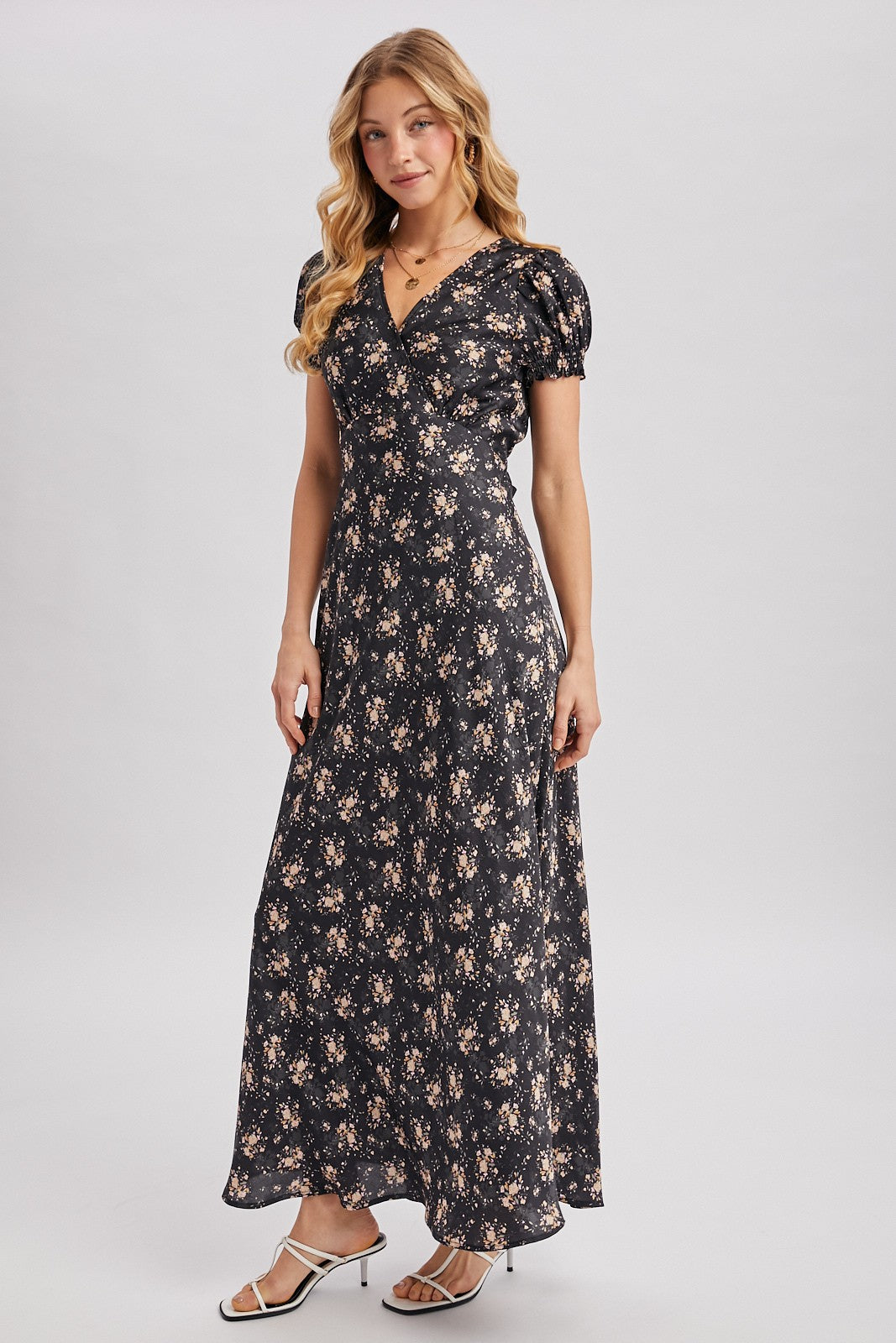 Black maxi dress with ditsy floral pattern. Surplice v-neckline
Short, puffed sleeves that are gathered at the cuffs. 
Flowing A-line skirt 