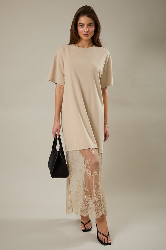 Taupe t-shirt dress with lace hem making it a maxi dress. 
Sleeve land just above the elbows. 
Round neck. 