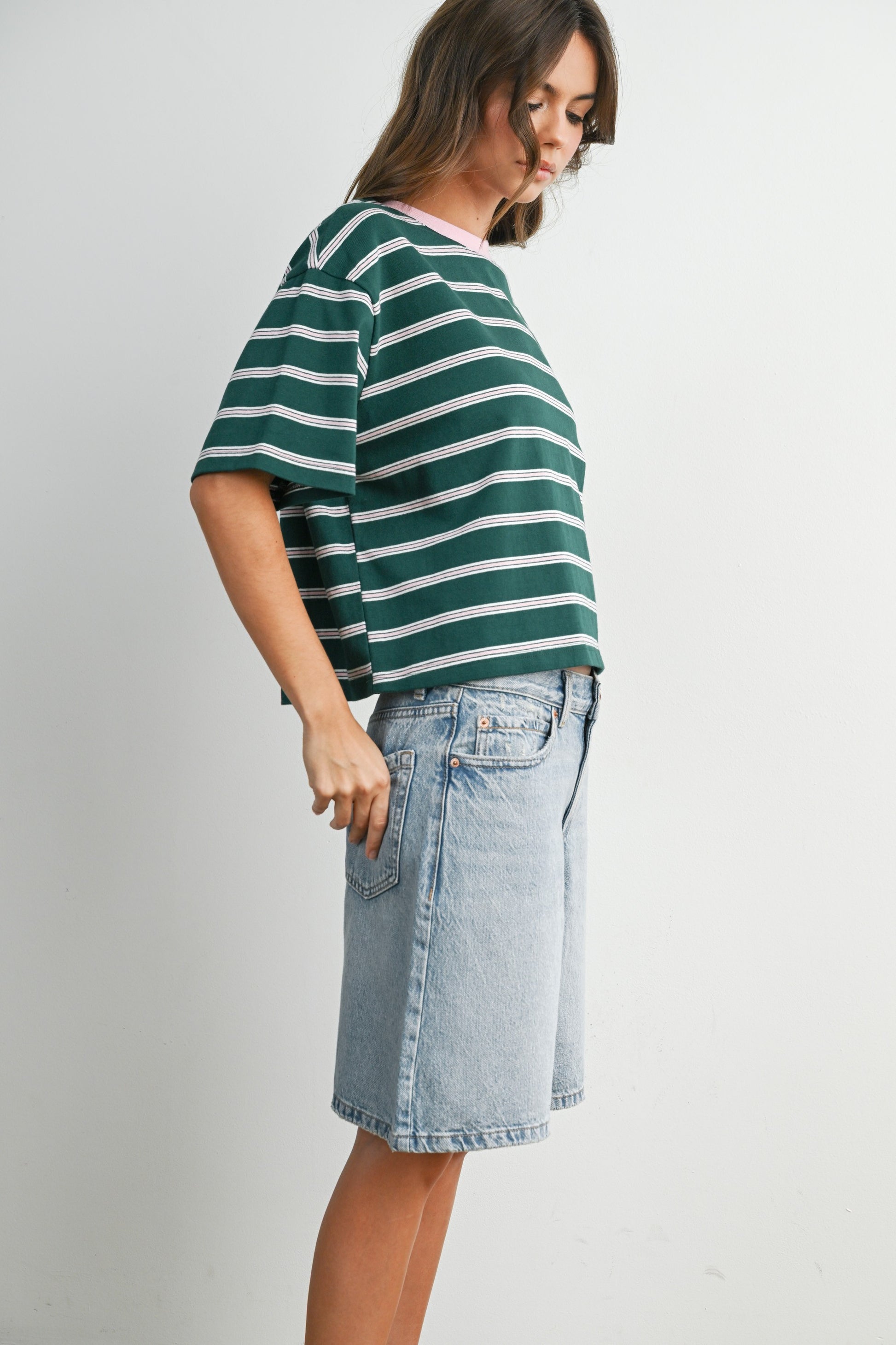 Boxy cut green and light pink striped cropped tee. 