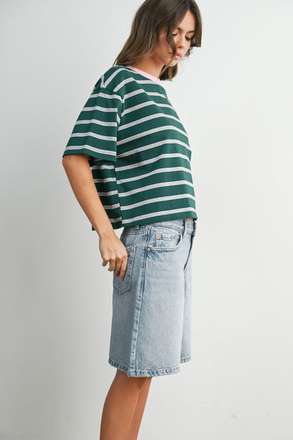 Boxy cut green and light pink striped cropped tee. 