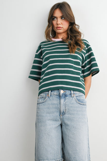 Boxy cut green and light pink striped cropped tee. 