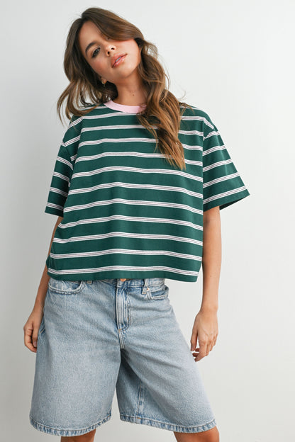Boxy cut green and light pink striped cropped tee. 