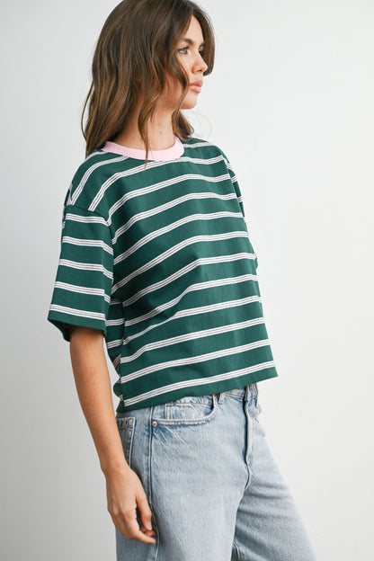 Boxy cut green and light pink striped cropped tee. 