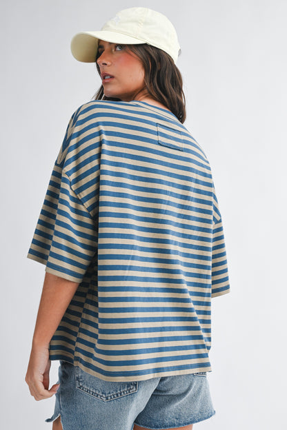 Oversized Stripe Boyfriend Tee in Tan + Blue