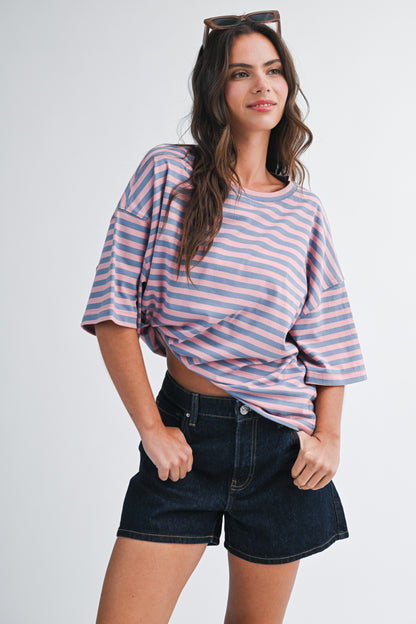 The Morrison Oversized Stripe Boyfriend Tee in Rose + Blue