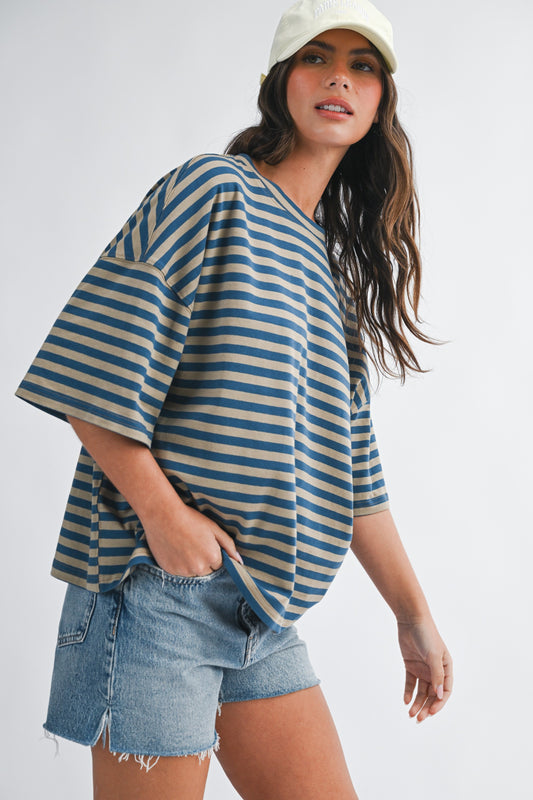 Oversized Stripe Boyfriend Tee in Tan + Blue
