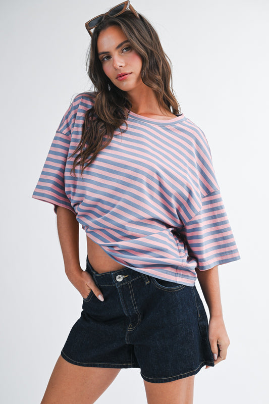 The Morrison Oversized Stripe Boyfriend Tee in Rose + Blue