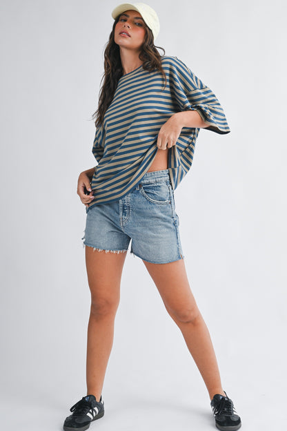 Oversized Stripe Boyfriend Tee in Tan + Blue