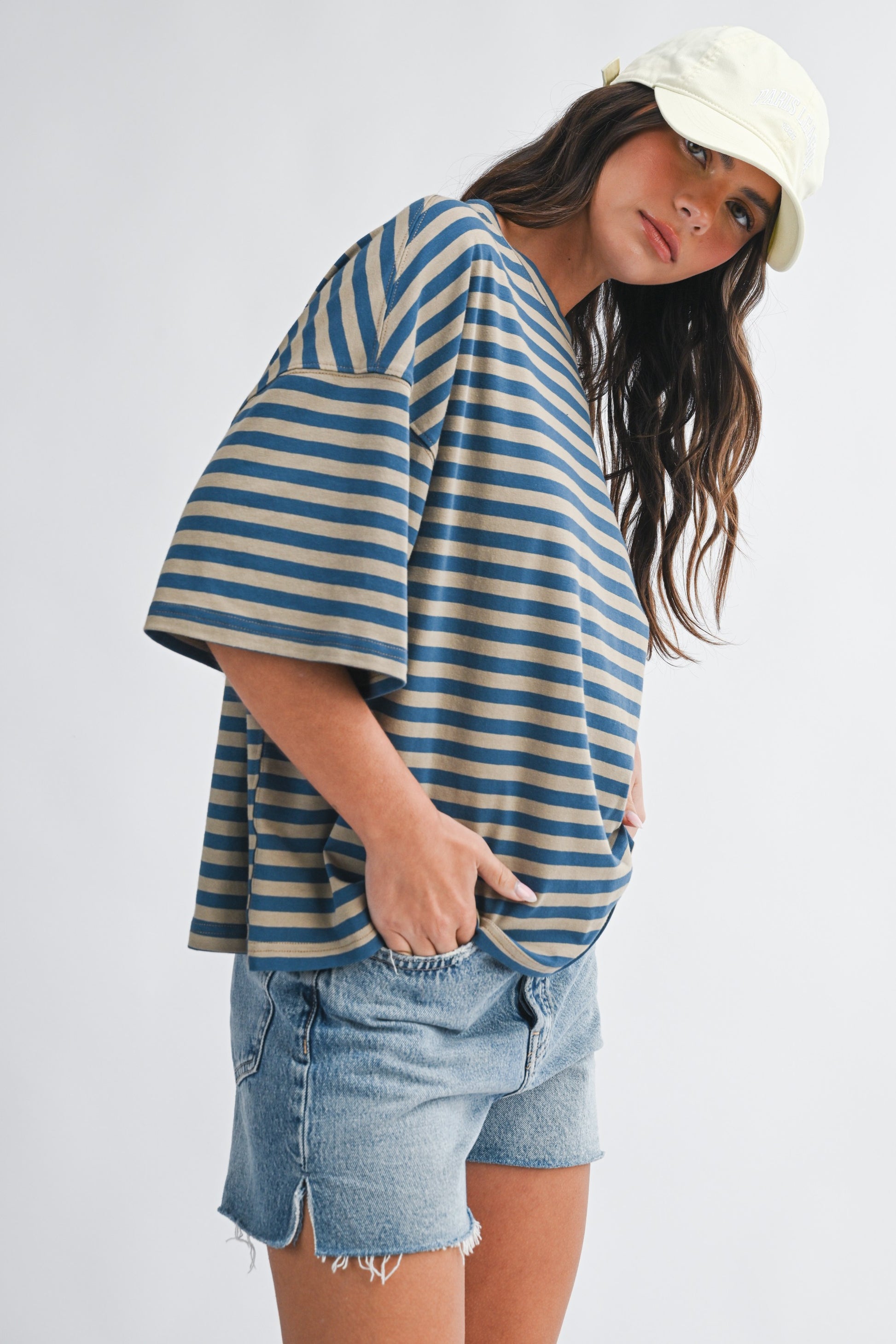 Oversized Stripe Boyfriend Tee in Tan + Blue