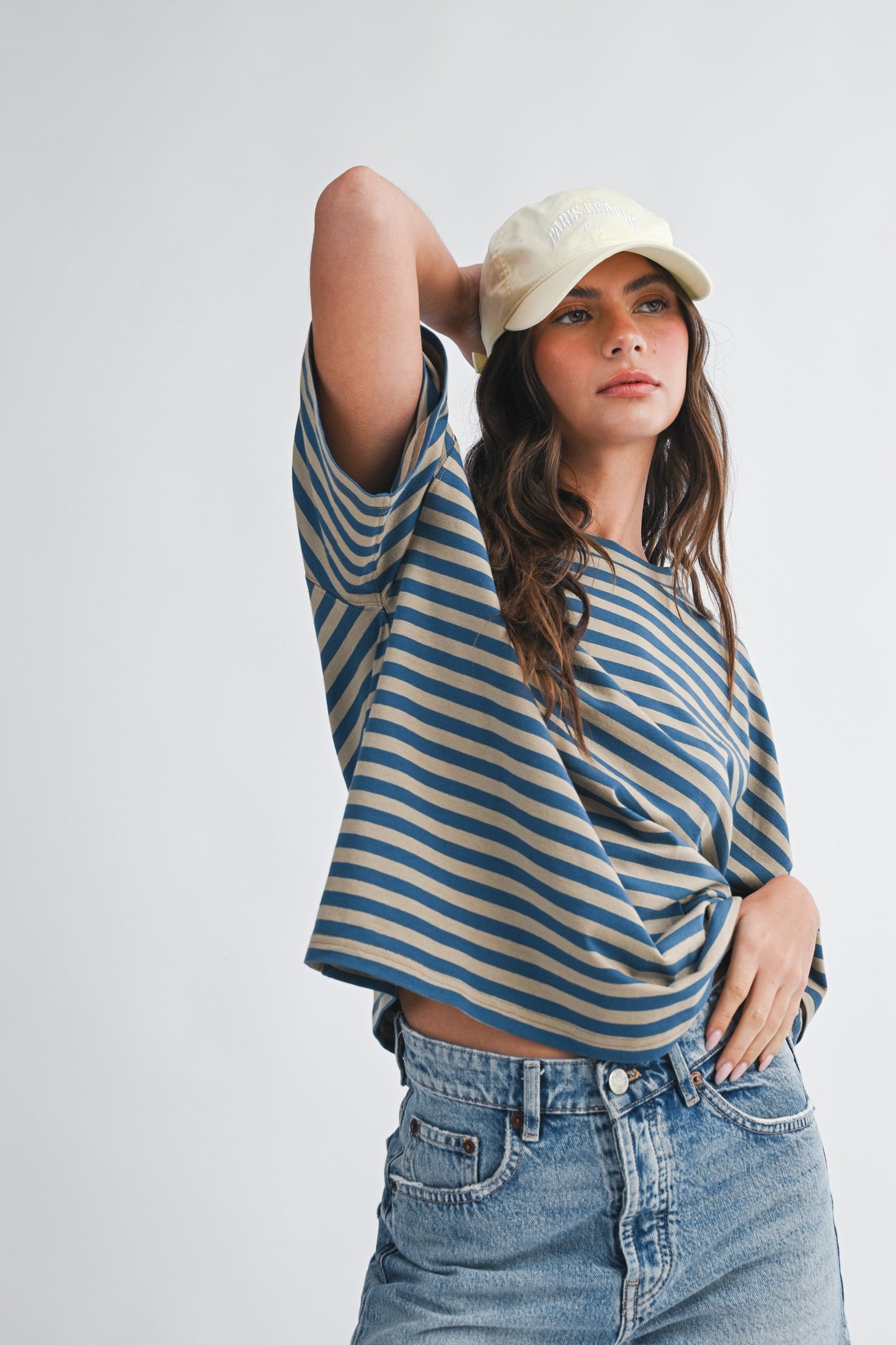 Oversized Stripe Boyfriend Tee in Tan + Blue