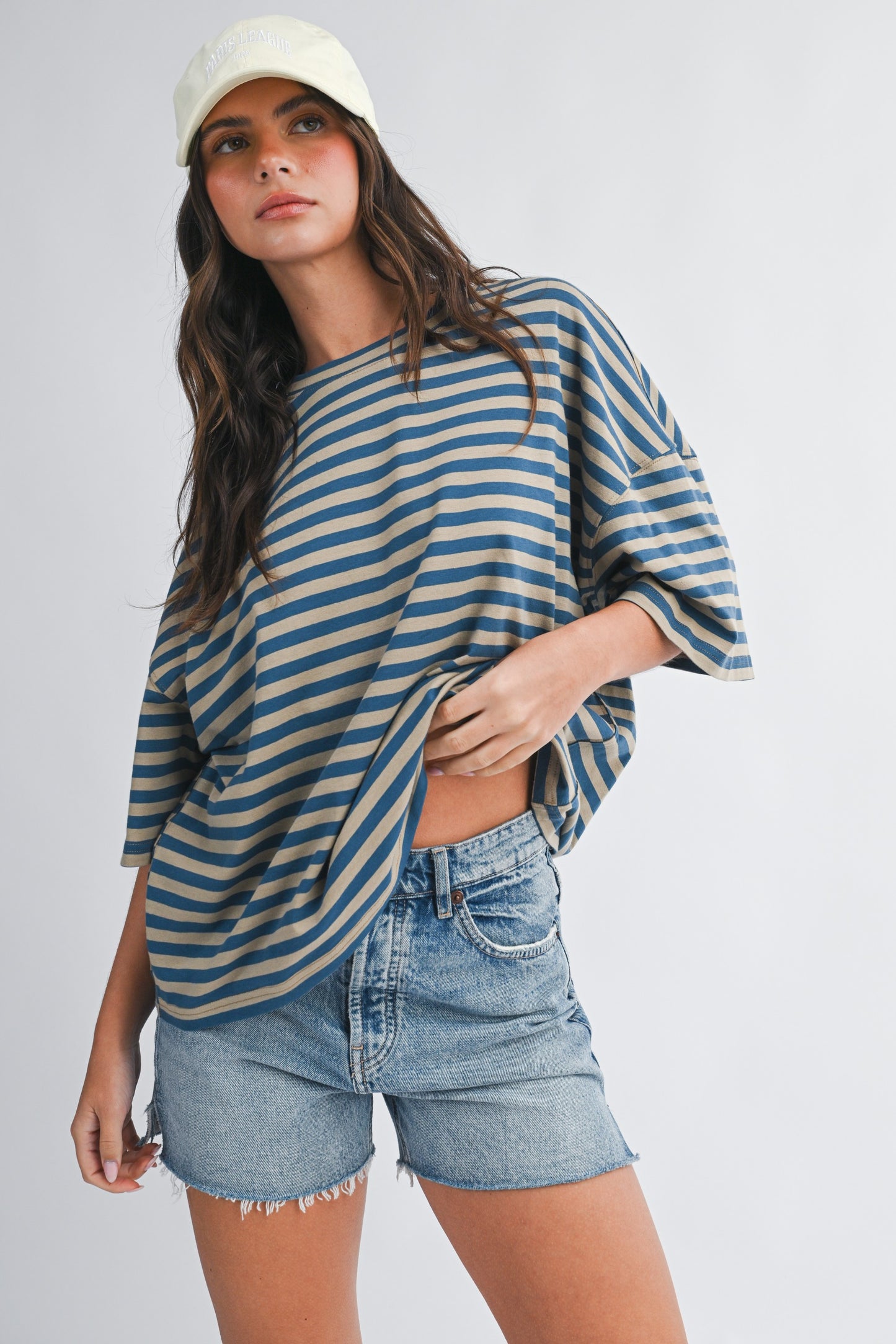 Oversized Stripe Boyfriend Tee in Tan + Blue