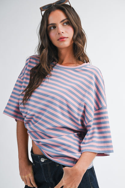 The Morrison Oversized Stripe Boyfriend Tee in Rose + Blue