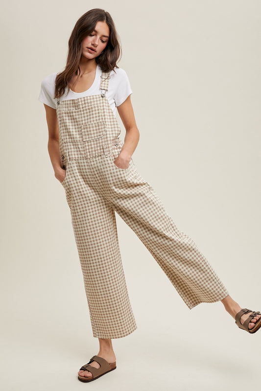 The Bindie Gingham Overalls in Taupe