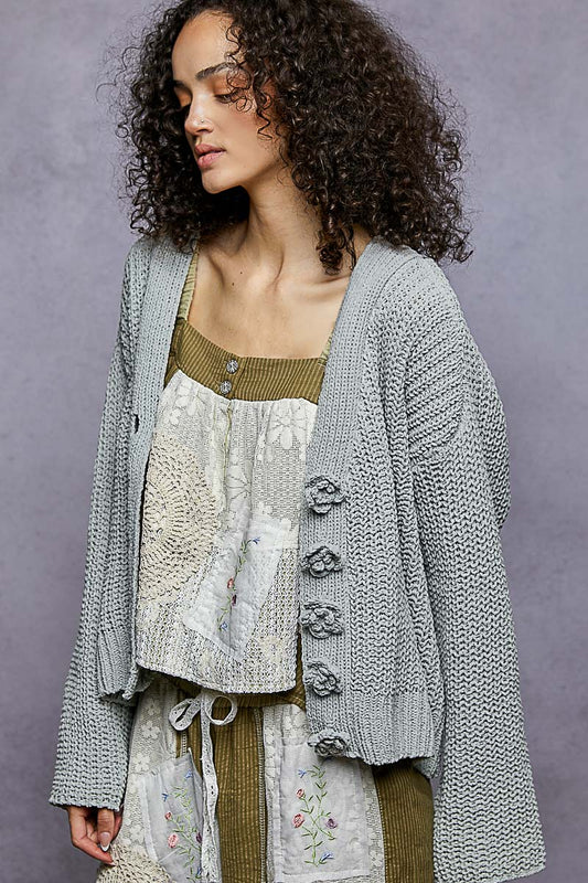 The Cora Button-Up Cardigan in Khaki Grey