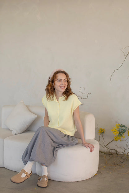 The Faye Short Sleeved Button-Up Cardigan in Yellow