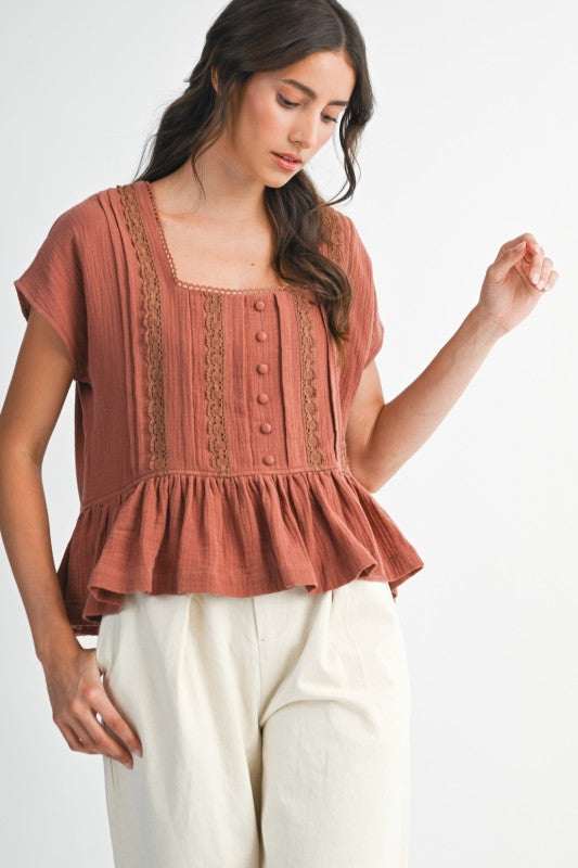 The Benny Lace Trim Button-Up Blouse in Terracotta