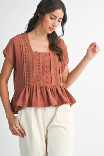 The Benny Lace Trim Button-Up Blouse in Terracotta
