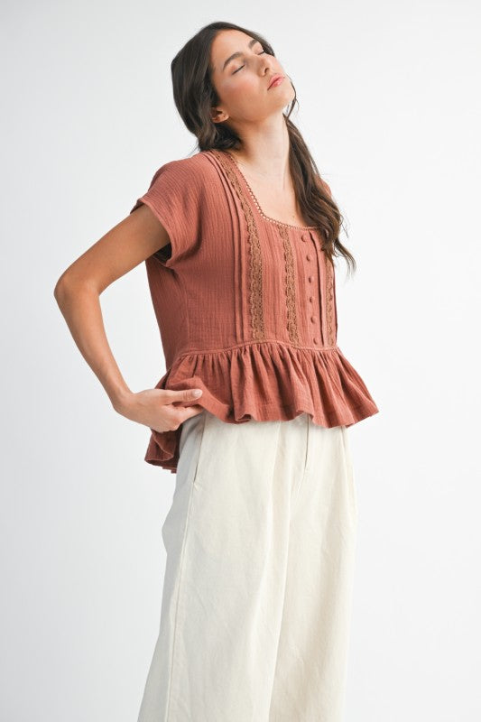 The Benny Lace Trim Button-Up Blouse in Terracotta