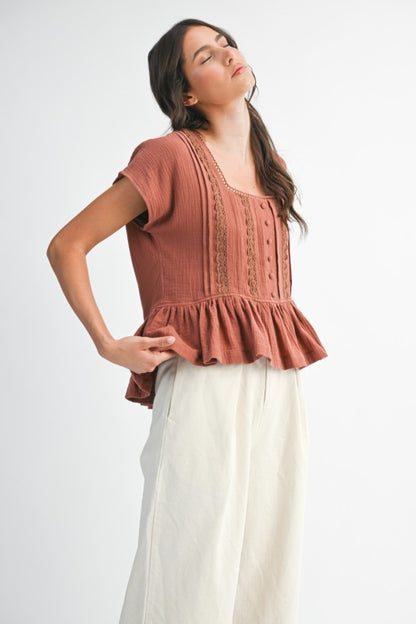 The Benny Lace Trim Button-Up Blouse in Terracotta