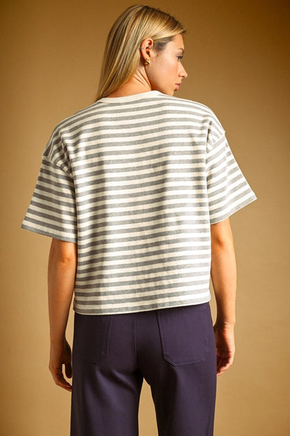 A women's crewneck short-sleeve tee featuring a light heather gray and white horizontal stripe design in a soft, relaxed fit.