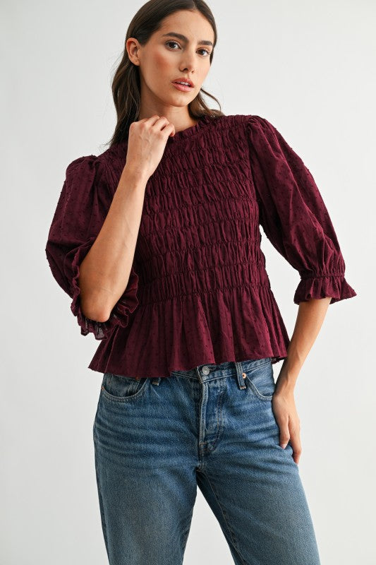 The Romy Smocked Top in Burgundy