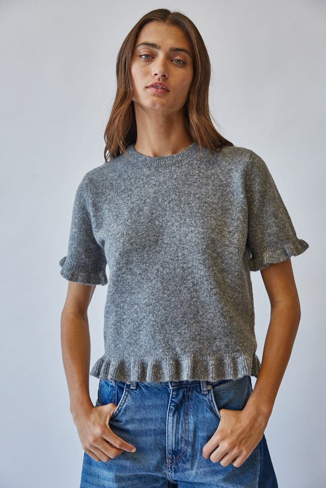 The Greta Ruffled Sweater in Heather Gray