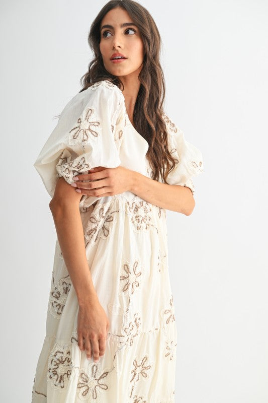 The Katarine Floral Embroidered Dress in Cream + Mocha