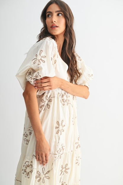 The Katarine Floral Embroidered Dress in Cream + Mocha