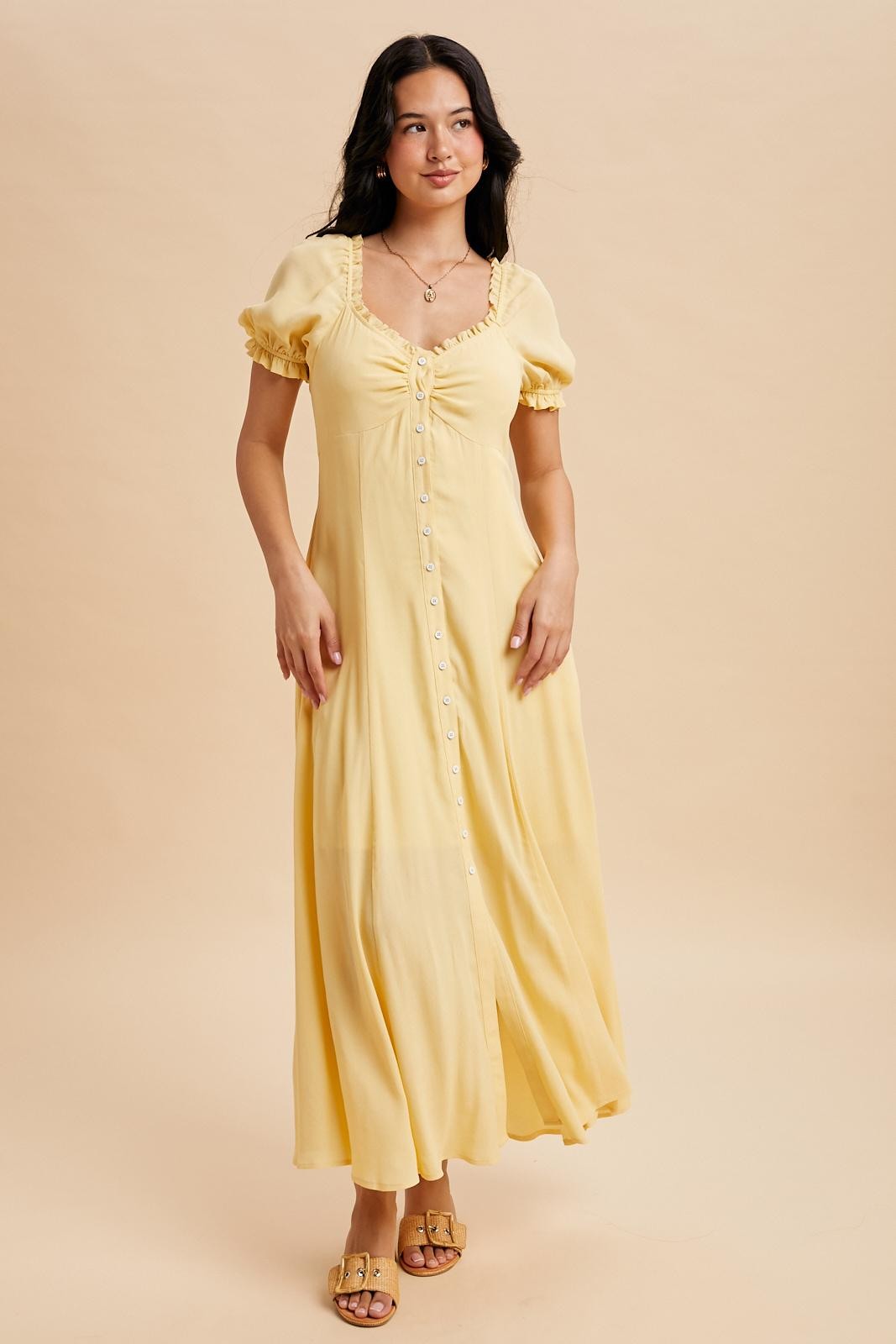 The Sol Button Down Maxi Dress in Lemon Water