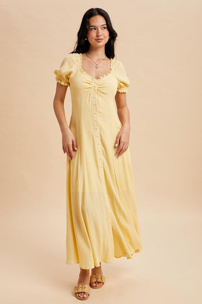 The Sol Button Down Maxi Dress in Lemon Water