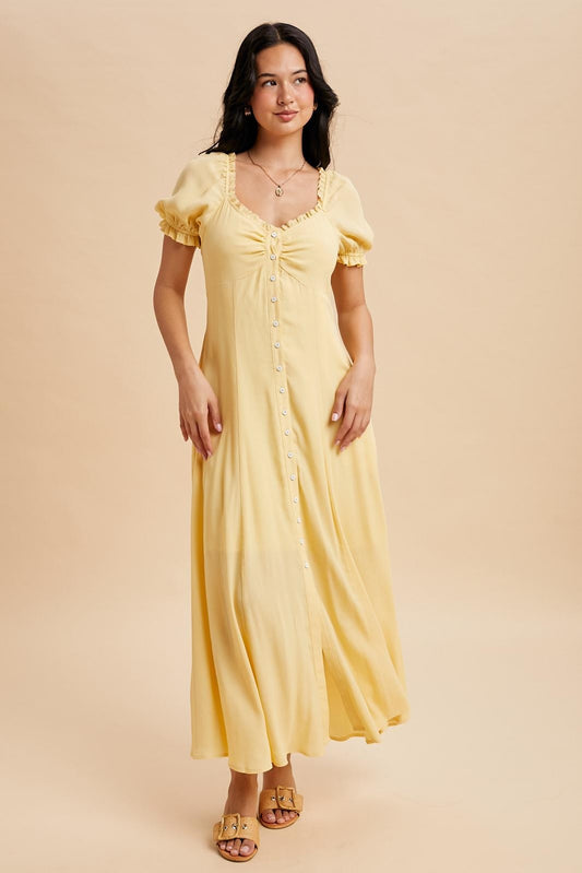 The Sol Button Down Maxi Dress in Lemon Water