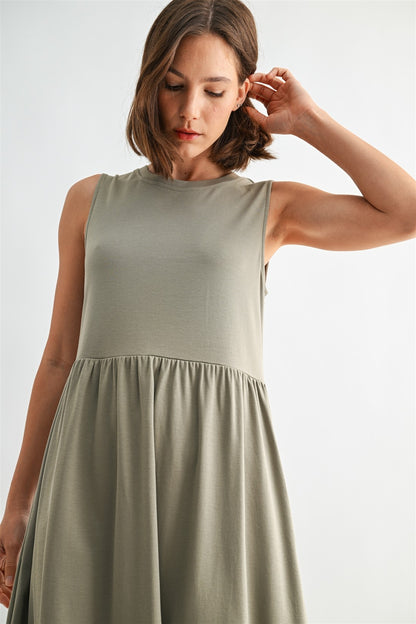 Olive knit tank midi dress. T-shirt neck with pockets. 