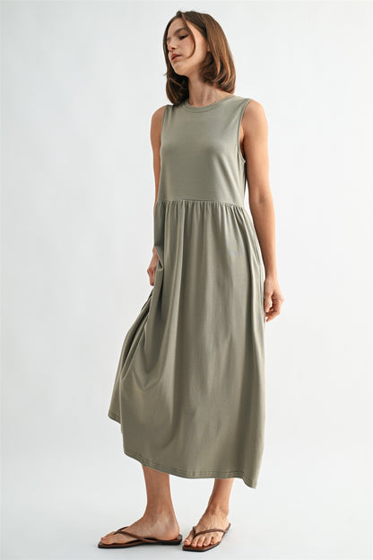 Olive knit tank midi dress. T-shirt neck with pockets. 