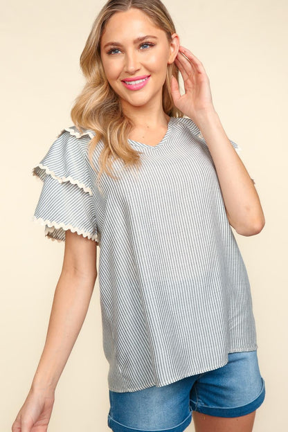 The Bettina Gray Striped Flutter Sleeve Blouse