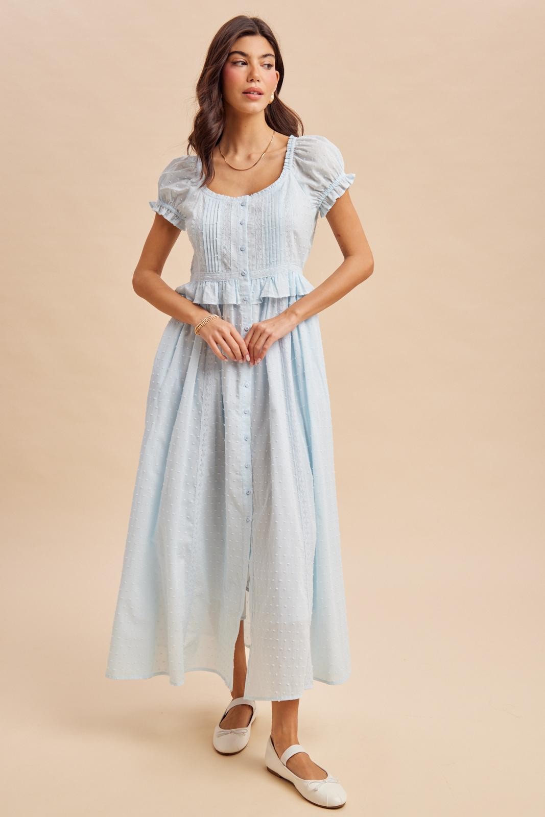 The Delia Swiss Dot Maxi Dress in Airy Blue