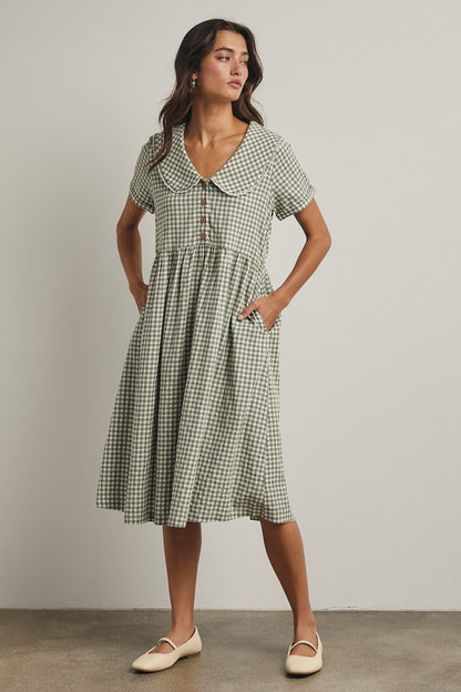 The Amira Collared Dress in Green Plaid