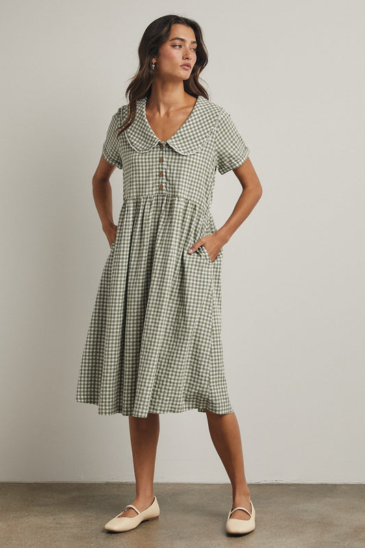The Amira Collared Dress in Green Plaid