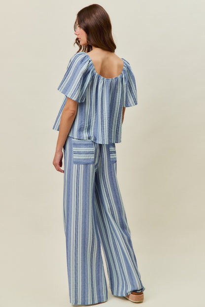 A women's lightweight square-neck blouse featuring vertical stripes in blue tones with loose flutter sleeves and a relaxed fit.