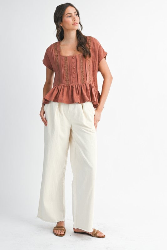 The Benny Lace Trim Button-Up Blouse in Terracotta