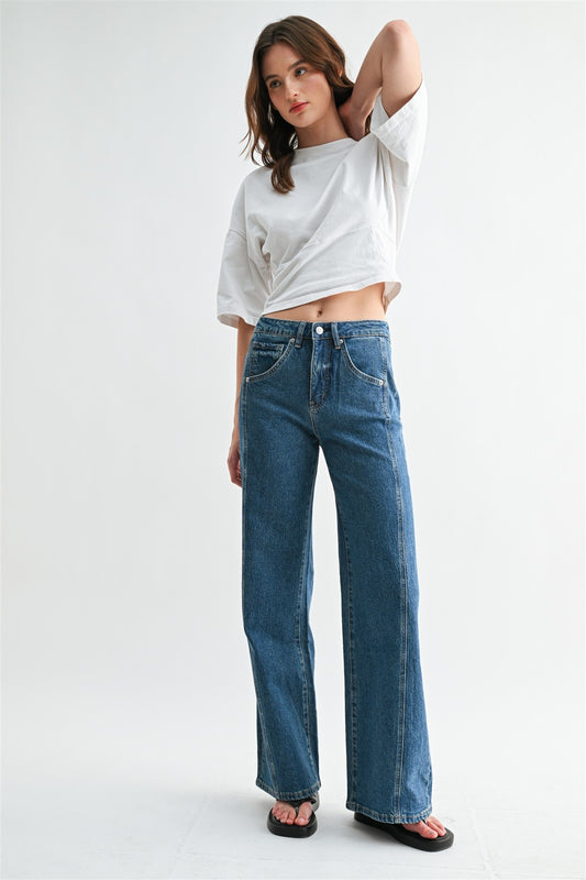 Stretch denim with Side Panel Wide Leg Jean in Chathams Sea. 
Button and zipper closure
Front and back pockets 

