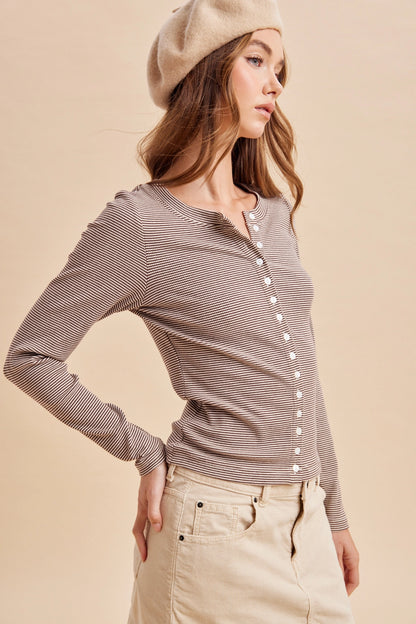 A women's mocha brown and cream micro-striped long-sleeve ribbed knit top featuring a notch neckline, front button closure, and fitted silhouette.