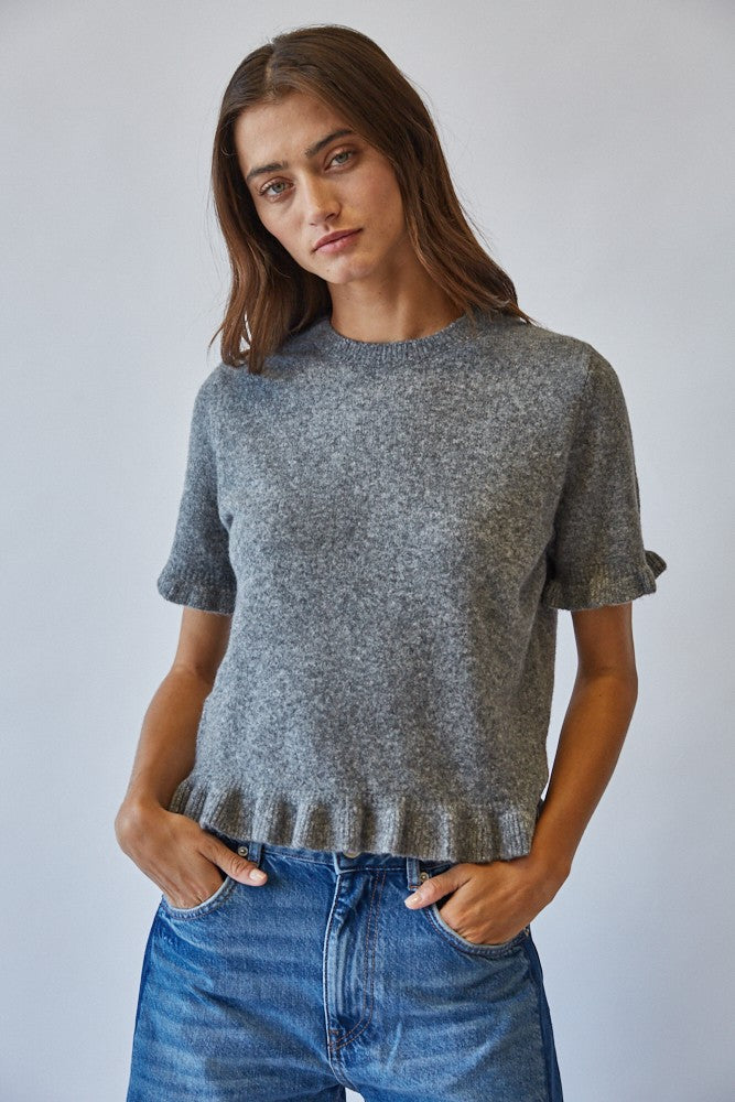 The Greta Ruffled Sweater in Heather Gray