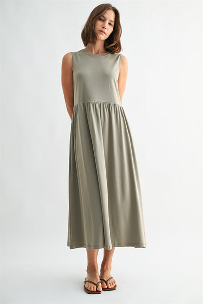 Olive knit tank midi dress. T-shirt neck with pockets. 