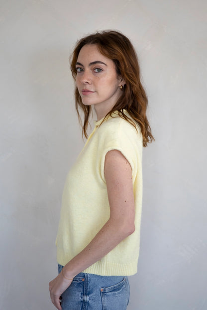 The Faye Short Sleeved Button-Up Cardigan in Yellow